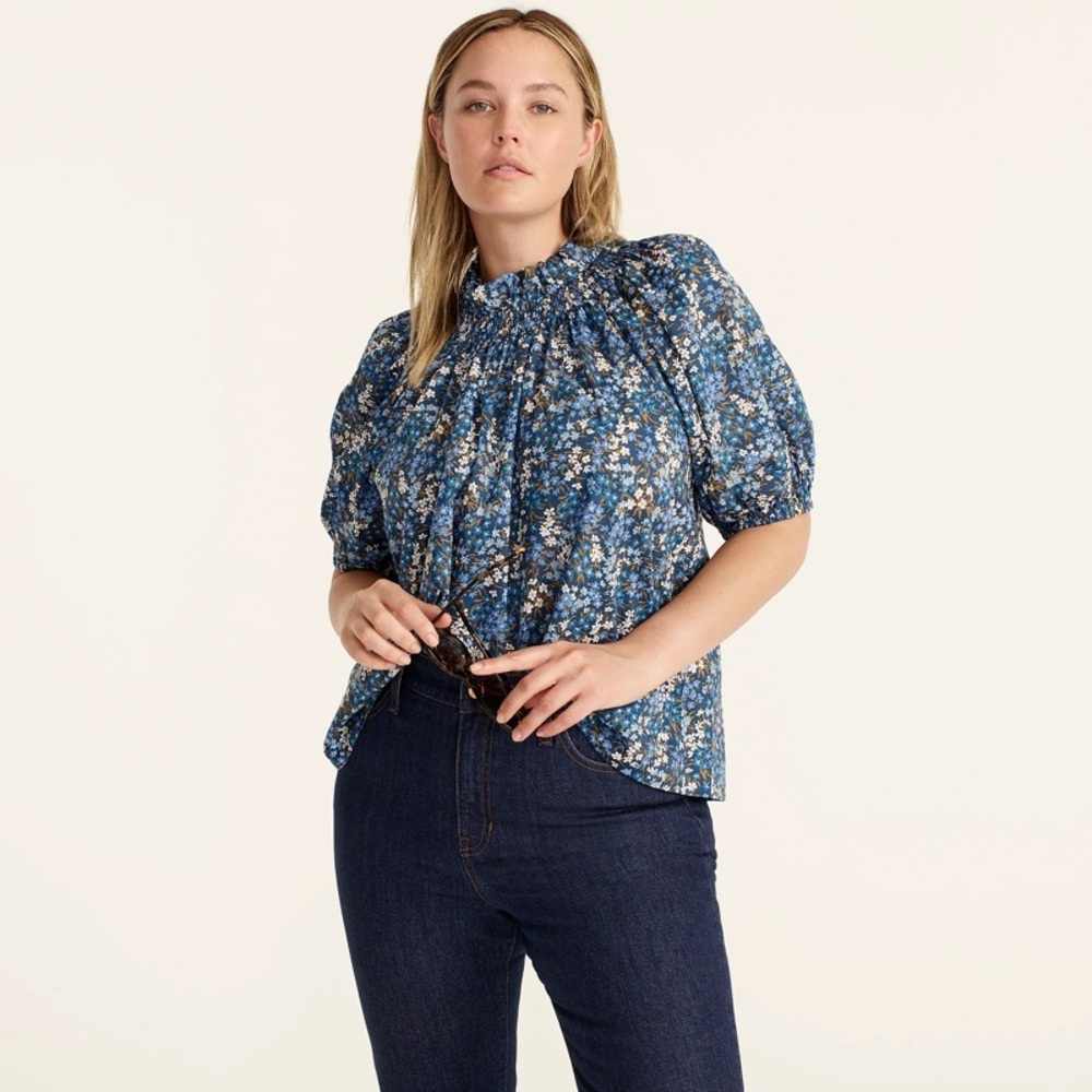 J. Crew Smocked Neck Puff Sleeve Floral Top